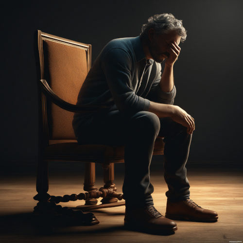 Mit Stable Diffusion erzeugtes Bild eines Mannes, der gebeugt auf einem Stuhl in einem dunklen Raum sitzt und einen Facepalm macht.