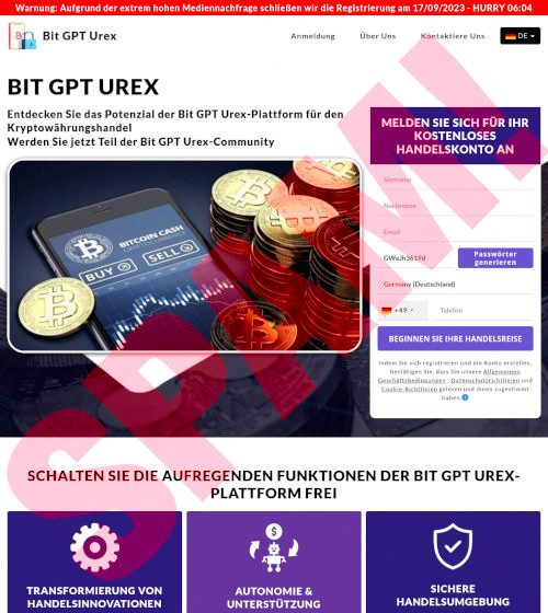 Screenshot der betrügerischen Website BIT GPT UREX