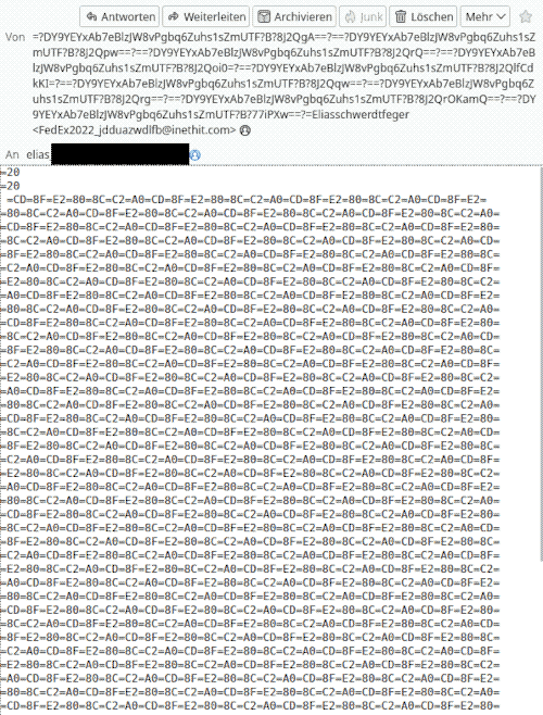 Darstellung einer völlig kaputten Spam in meiner Mailsoftware