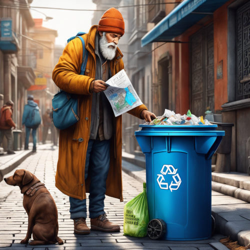 Mit Stable Diffusion erzeugtes Bild eines Obdachlosen, der eine Mülltonne durchsucht.