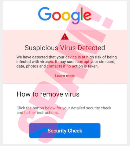 Beispiel 5: Ein Bild mit dem Google-Logo und der Behauptung, dass Schadsoftware entdeckt wurde, nebst der Aufforderung, dass man für einen Sicherheitstest und weitere Anweisungen [!] klicken soll.
