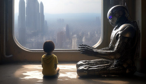 Mit Stable Diffusion erzeugtes Bild eines kleinen Kindes, das durch ein großes Fenster auf eine dystopische Stadt schaut, neben dem Kind ein großer, metallischer Roboter, der er behütet. 