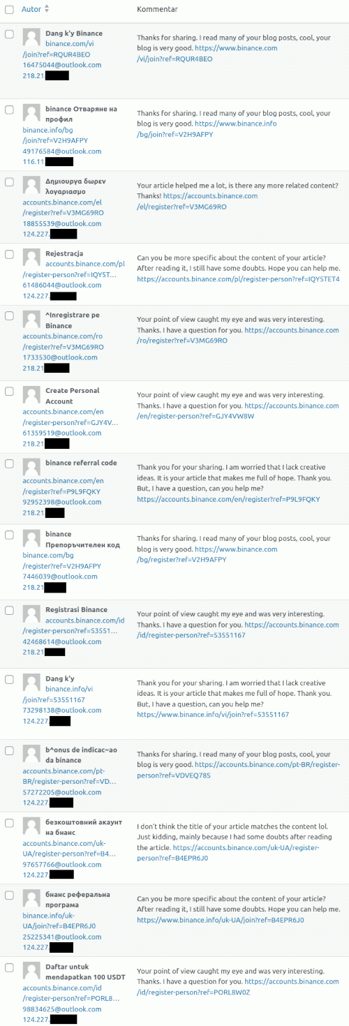 Screenshot der Ansicht der ausgefilterten Kommentarspam mit Links auf Binance und vielsprachigen Keyword-Namen der Kommentatoren, jeder Kommentar mit Lob für den Blogautor und einer Wiederholung des Links, der schon als Homepage angegeben wurde.