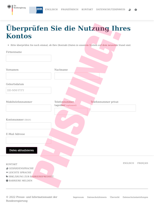 Screenshot der Phishing-Seite in der Domain ihk.de-unternehmen.info
