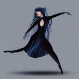 Mit Stable Diffusion generiertes Bild: Zeichnung einer tanzenden, schwarzblau bekleideten jungen Frau.