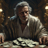 Mit Stable Diffusion generiertes Bild eines Mannes, der vor sich einen Haufen Dollarnoten auf dem Tisch ausgebreitet hat