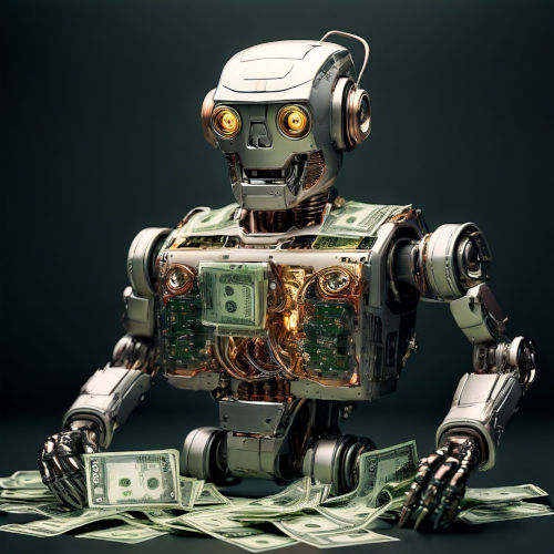Absurdes, mit Stable Diffusion erzeugtes Bild eines Roboters, der von Banknoten umgeben ist