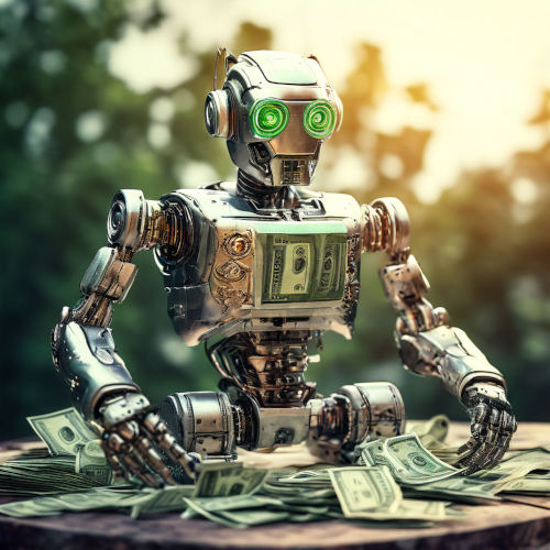 Mit Stable Diffusion generiertes Bild eines Roboters, der mit Geld umgeht