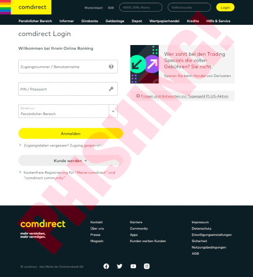 Screenshot der Phishingseite für Comdirect-Kunden