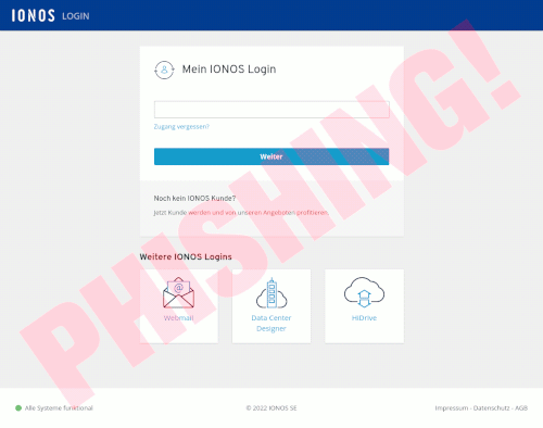 Screenshot der Phishing-Site: Eine nachgemachte Anmeldung bei Ionos