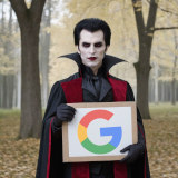 Mit Stable Diffusion generiertes und mit Gimp nachbearbeitetes Bild eines Vampirs, der ein Schild mit dem Google-Logo in den Händen hält