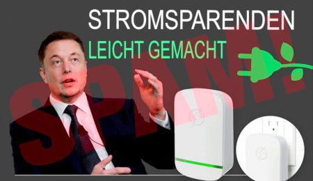 Eingebettetes Bild: Unter dem Text "Stromsparenden leicht gemacht" ein Foto von Elon Musk und von einem Gerät, das die ungefähre Form eines Steckernetzteiles in einem weißen Gehäuse hat.