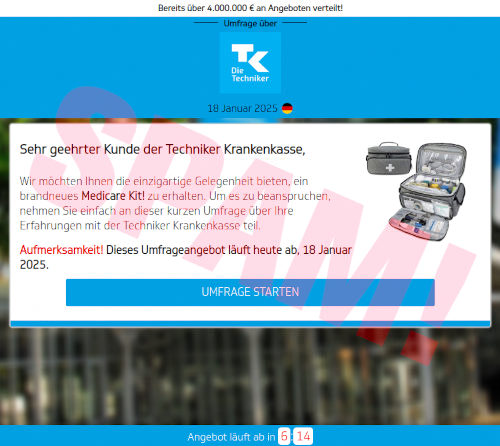 Screenshot der betrügerischen Website. Sie wendet sich an Kunden der Techniker Krankenkasse