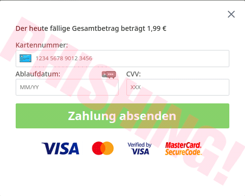 Phishing nach Kreditkartendaten: Eingabemöglichkeit Kartennummer, Ablaufdatum und CVV