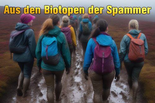 Mit einem angelernten Netzwerk generiertes Foto einer Wandergruppe von Frauen, die an einem diesigen Tag durch ein schlammiges Sumpfgebiet geht. Darüber der Text: Aus den Biotopen der Spammer