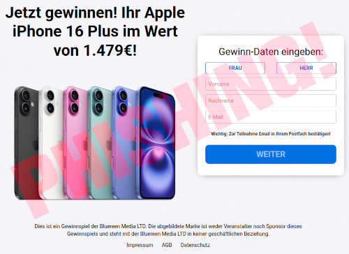 Screenshot der betrügerischen, spambeworbenen Gewinnspiel-Website