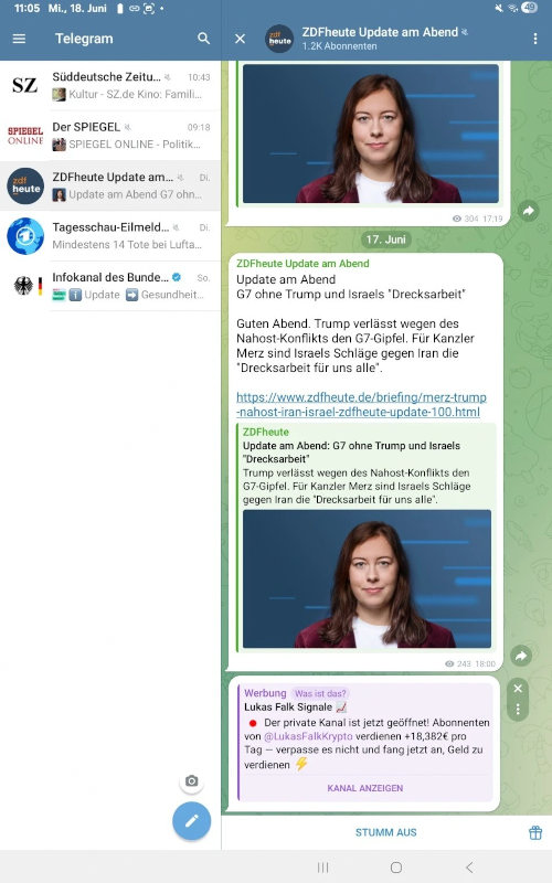 Screenshot des Telegram-Kanals von ZDF heute, in dem das ZDF auch die Reklame eines betrügerischen Reichwerdexperten transportiert: 'Der private Kanal ist jetzt geöffnet! Abonnenten von @xxxxxxKrypto verdienen +18.328€ pro Tag -- verpasse es nicht und fang jetzt an, Geld zu verdienen'.