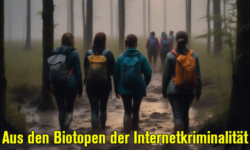 Mit Stable Diffusion erzeugtes Bild eine Gruppe junger Frauen, die eine Wanderung durch ein schlammiges Sumpfgebiet macht, darunter der Text: Aus den Biotopen der Internetkriminalität