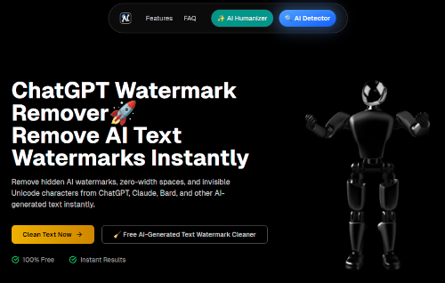 Screenshot der verlinkten, mit Spam beworbenen Website: »ChatGPT Watermark Remover🚀 -- Remove AI Text Watermarks Instantly -- Remove hidden AI watermarks, zero-width spaces, and invisible Unicode characters from ChatGPT, Claude, Bard, and other AI-generated text instantly. -- Clean Text Now -- 🧹 Free AI-Generated Text Watermark Cleaner -- 100% Free -- Instant Results«