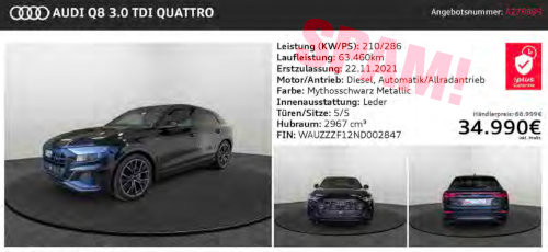 Abbildung eines Audi Q8 aus dem angeblichen Audi-Katalog, hier verkleinert