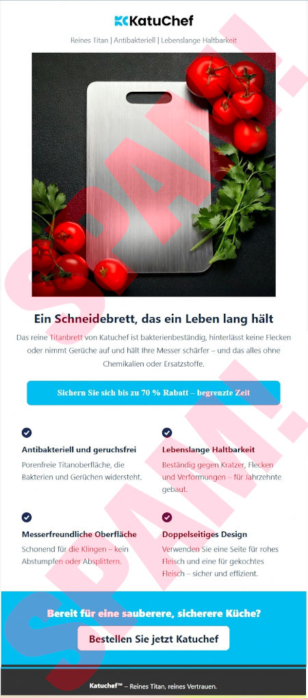 KatuChef | Reines Titan | Antibakteriell | Lebenslange Haltbarkeit -- Ein Schneidebrett, das ein Leben lang hält -- Das reine Titanbrett von Katuchef ist bakterienbeständig, hinterlässt keine Flecken oder nimmt Gerüche auf und hält Ihre Messer schärfer, und das geht alles ohne Chemikalien oder Ersatzstoffe -- [Sichern Sie sich bis zu 70 % Rabatt, begrenzte Zeit] -- Antibakteriell und geruchsfrei: Porenfreie Titanoberfläche, die Bakterien und Gerüchen widersteht -- Lebenslange Haltbarkeit: Beständig gegen Kratzer, Flecken und Verformungen, für Jahrzehnte gebaut -- Messerfreundliche Oberfläche: Schonend für die Klingen, kein Abstumpfen oder Absplittern -- Doppelseitiges Design: Verwenden Sie eine Seite für rohes Fleisch und eine für gekochtes Fleisch, sicher und effizient -- Bereit für eine saubere, sicherere Küche? -- [Bestellen Sie jetzt Katuchef] -- Katuchef™ -- Reines Titan, reines Vertrauen