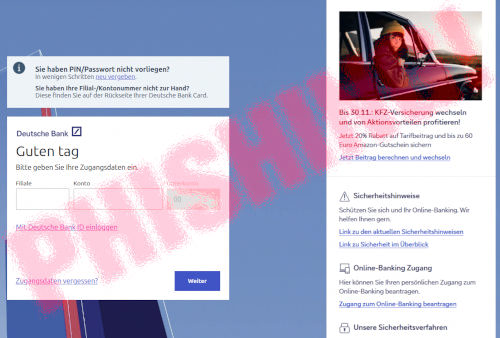 Screenshot der betrügerischen Phishing-Website für Kunden der Deutschen Bank