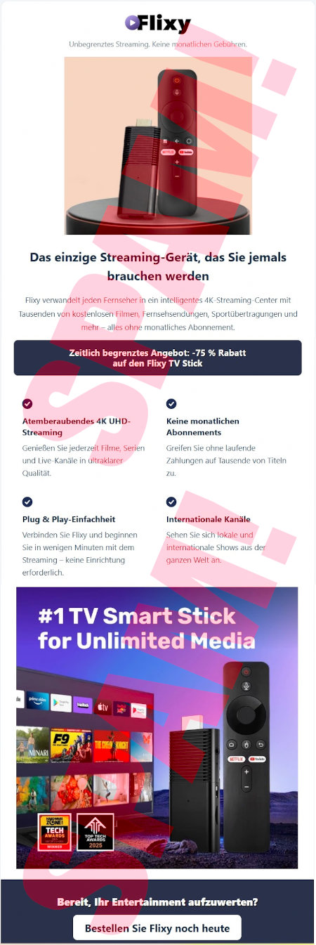 Flixy-Logo -- Unbegrenztes Streaming. Keine monatlichen Gebühren. -- Abbildung -- Das einzige Streaming-Gerät, das Sie jemals brauchen werden -- Flixy verwandelt jeden Fernseher in ein intelligentes 4K-Streaming-Center mit Tausenden von kostenlosen Filmen, Fernsehsendungen, Sportübertragungen und mehr -- alles ohne monatliches Abonnement. -- [Zeitlich begrenztes Angebot: -75 % Rabatt auf den Flixy TV Stick] -- ✔️ Atenberaubendes 4K UHD-Streaming -- Genießen Sie jederzeit Filme, Serien und Live-Kanäle in ultraklarer Qualität. -- ✔️ Keine monatlichen Abonnements -- Greifen Sie ohne laufende Zahlungen auf Tausende von Titeln zu. -- ✔️ Plug & Play-Einfachheit -- Verbinden Sie Flixy und beginnen Sie in wenigen Minuten mit dem Streaming, keine Einrichtung erforderlich. -- ✔️ Internationale Kanäle -- Sehen Sie sich lokale und internationale Shows aus der ganzen Welt an. -- #1 TV Smart Stick for Unlimited Media -- Abbildung -- Bereit, Ihr Entertainment aufzuwerten? [Bestellen Sie Flixy noch heute]
