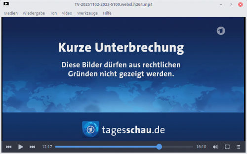 Screenshot des Tagesschau-Podcasts während eines Videoeinspielers zu einer Sportmeldung: Kurze Unterbrechung -- Diese Bilder dürfen aus rechtlichen Gründen nicht gezeigt werden. -- tagesschau.de