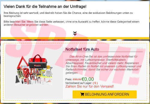 Vielen Dank für die Teilnahme an der Umfrage! -- Ihre Meinung ist sehr wertvoll, und deshalb haben Sie die Chance, eine der exklusiven Belohnungen unten zu beanspruchen. -- Bitte beachten Sie: Wenn Sie diese Seite verlassen, ohne eine Auswahl zu treffen, könnte diese Gelegenheit einem anderen Besucher angeboten werden. -- Notfallset fürs Auto -- Das All-in-One-Set ist das umfassendste Notfallset für unterwegs, mit Luftkompressor, Starthilfekabeln, Abschleppseil, Feuerlöscher und vielem mehr. Reparieren Sie Ihren Reifen im Notfall mit unserem Luftkompressor und Reifendichtmittel, damit Sie sicher zur nächsten Werkstatt gelangen. -- Preis: €99,95 -- €0,00 -- Verbleibend auf Lager: ( 5 ) -- Zahlen Sie nur für den Versand! -- BELOHNUNG ANFORDERN