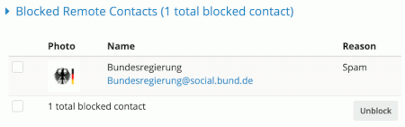 Screenshot aus dem Administrationsfrontend von Friendica: Der Mastodon-Account der Bundesregierung ist wegen Spam blockiert