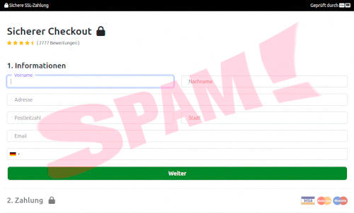 Screenshot der betrügerischen Website, die um Anschrift und Kreditkartendaten bittet.