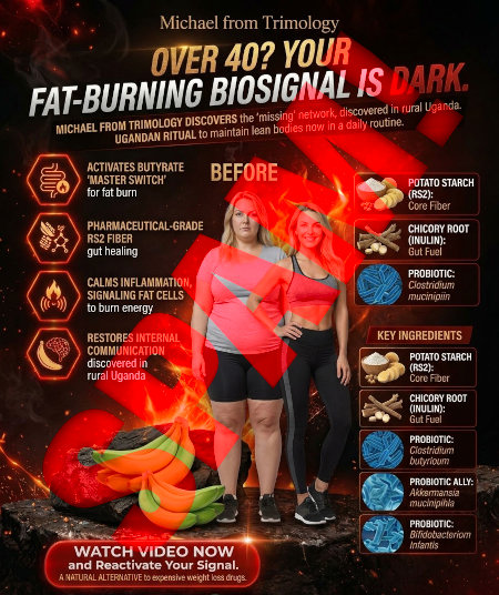 Michael from Trimology -- Over 40? Your fat-burning biosignal is dark. -- Michael von Trimology discovers the 'missing' network, discovere in rural Uganda. Ugandan ritual to maintain lean bodies now in a daily routine. -- Activates butyrate 'master switch' for fat burn -- Pharmaceutical-grade R2-fiber gut healing -- Calms inflammation, signaling fat cells to burn energy -- Restores internal communication discovered in rural Uganda -- Potato strch (RS2): core fiber -- Chicory root (inulin): Gut fuel -- Probiotic: Clostridium mucinipiin -- Key ingredients: Potato strch (RS2): core fiber -- Chicory root (inulin): Gut fuel -- Probiotic: Clostridium mucinipiin -- Probiotic ally: Akermansia micinipihla -- Probiotic: Bifidobacteriom infantis -- Button: Watch Video Now and Reactivate Your Signal. A natural alternativ to expensive weight loss drugs.