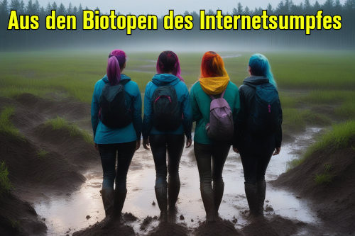 Vier junge Frauen mit Rucksäcken, farbenfroher Outdoor-Kleidung, Gummistiefeln und bunten Haaren wandern und waten gemeinsam durch ein schlammiges Sumpfgebiet. Darüber der Text: Aus den Biotopen des Internetsumpfes. Dieses in meinen Augen entzückende Bild habe ich im Jahr 2023 bei einem angelernten neuronalen Netzwerk erpromptet, als solche Bilder zwar Fehler hatten, aber noch nicht so kitschig und durchschnittlich wie heute aussahen. Dafür hat sich also keine junge Frau schmutzig gemacht.