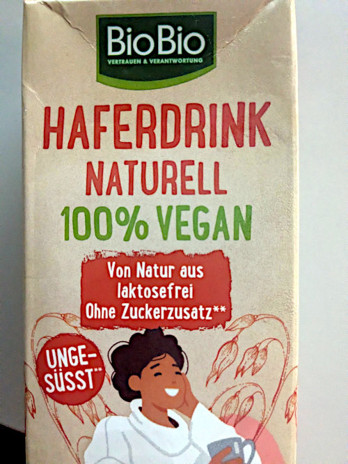 Verpackung: Bio Bio -- Vertrauen & Verantwortung -- Haferdrink naturell, 100% vegan -- Von Natur aus Laktosefrei, ohne Zuckerzusatz -- Ungesüßt