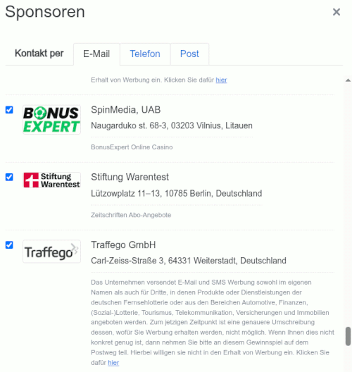 Screenshot der Sponsorenliste von der spambeworbenen Website. Unter den Sponsoren ist die Stiftung Warentest angegeben.