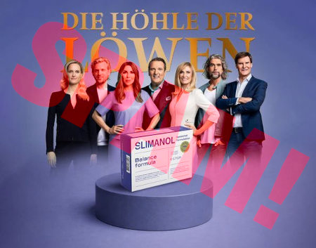 Von Spammern missbrauchtes Logo der Fernsehsendung »Die Höhle der Löwen« mit einer Packung »Slimanol« im Vordergrund.