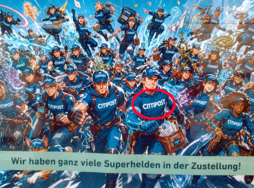 Werbung der Citipost mit »Wir haben ganz viele Superhelden in der Zustellung«. Einer der Zusteller ganz vorne trägt die falsch geschriebene Firmierung »Cittipost« auf der Brust.