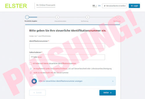 Screenshot der betrügerischen ELSTER-Phishing-Seite