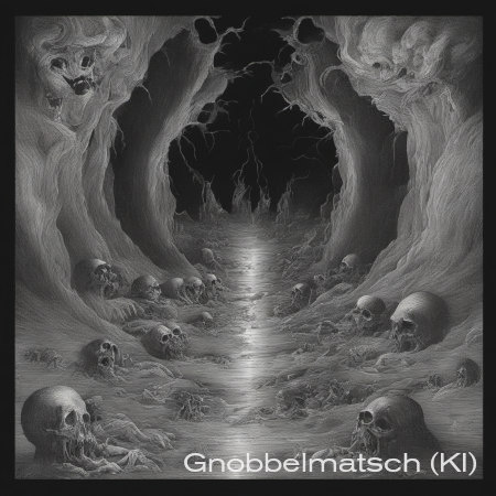 Mit einem angelernten neuronalen Netzwerk generiertes Foto eines Hohlweges, der in eine brache, dunkle Landschaft führt, zu beiden Seiten des Weges liegen Totenschädel herum.