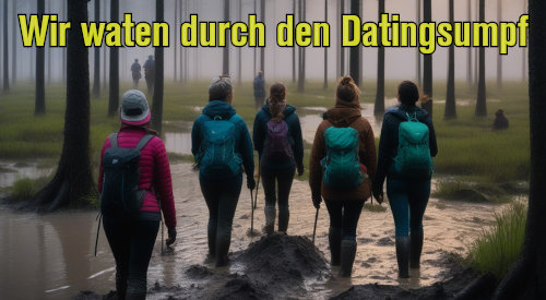Wir waten durch den Datingsumpf (zu einem KI-generierten Bild, das Frauen zeigt, die in einem schlammigen Sumpfgebiet wandern