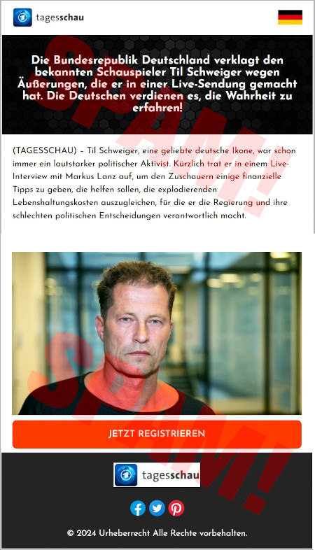 Tagesschau-Logo -- Flagge der BRD -- Die Bundesrepublik Deutschland verklat den bekannten Schauspieler Til Schweiger wegen Äußerungen, der er in einer Live-Sendung geacht hat. Die Deutschen verdienen es, die Wahrheit zu erfahren! -- (TAGESSCHAU) Til Schweiger, eine geliebte deutsche Ikone, war schon immer ein lautstarker politischer Aktivist. Kürzlich trat er in einem Live-Interview mit Markus Lanz auf, um den Zuschauern einige finanzielle Tipps zu geben, die helfen sollen, die explodierenden Lebenshaltungskosten auszugleichen, für die er die Regierung und ihre schlechten politischen Entscheidungen verantwortlich macht. -- [Jetzt registrieren] -- Tagesschau-Logo -- Facebook-Logo, altes Twitter-Logo, Pinterest-Logo -- © 2024 Urheberrecht Alle Rechte vorbehalten.